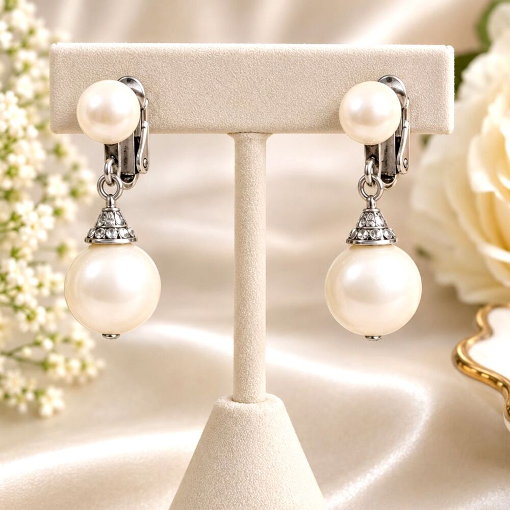 Vintage Mid Century Faux Pearl Rhinestone Clip On Drop Earrings 1 1/8"